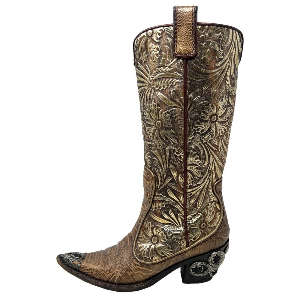 Giuseppe Zanotti Vintage Brown Leather‎ Western Boots Gold Heel 36